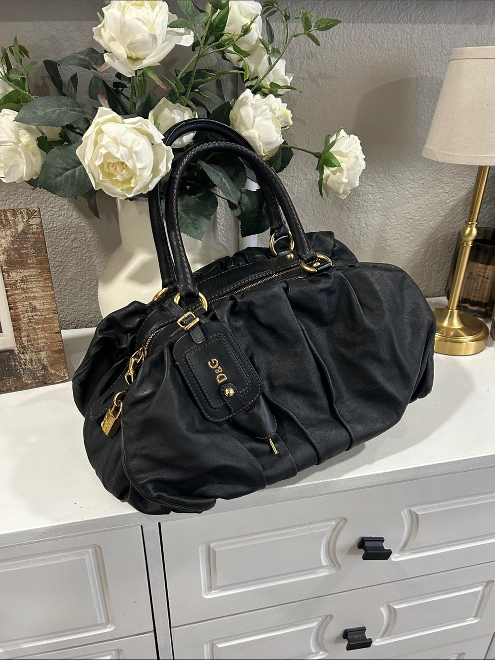 Dulce Gabbana Regina Black Leather Satchel with Gold Hardware
